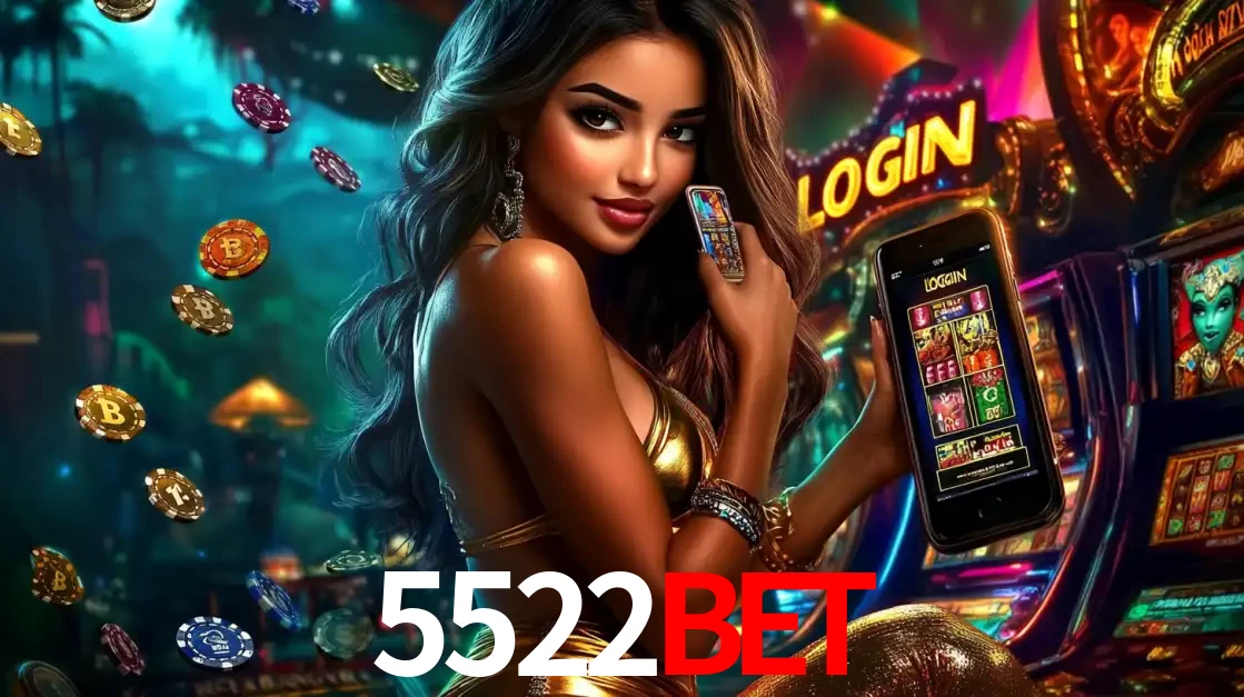 Mulher em um cenário de cassino temático de aventura, mostrando o app de caça-níqueis da 5522BET no celular. Fichas de apostas flutuam ao redor.