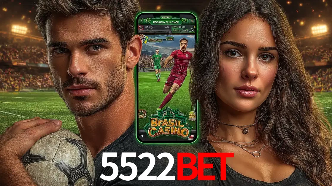 Homem segurando uma bola de futebol e uma mulher ao lado de um smartphone exibindo o jogo de apostas esportivas da 5522BET. Faça seu palpite no cassino online.